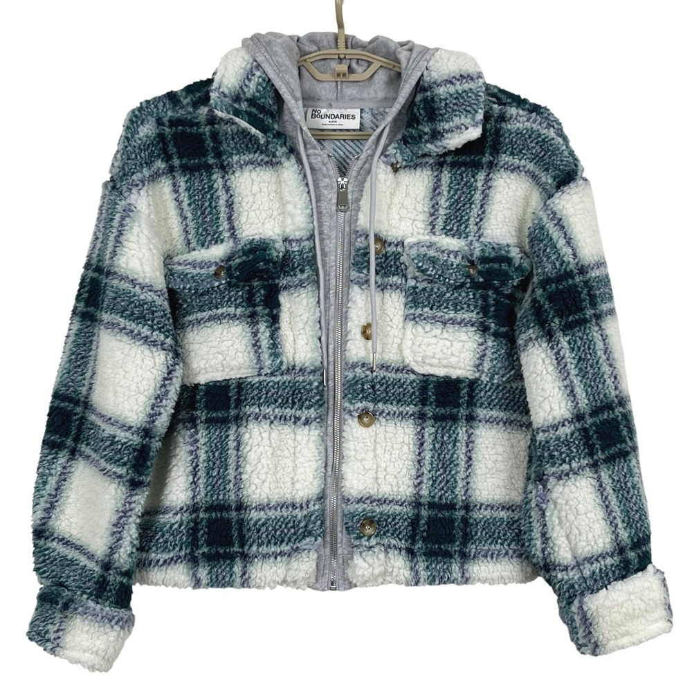 No Boundaries Womens Shacket Hoodie M Green Plaid Sherpa Teddy Fleece Zip Jacket
